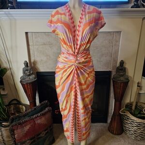 Gorgeous Vibrant Deep V Neck Pleated Knot Women's Midi Dress. Size Small.